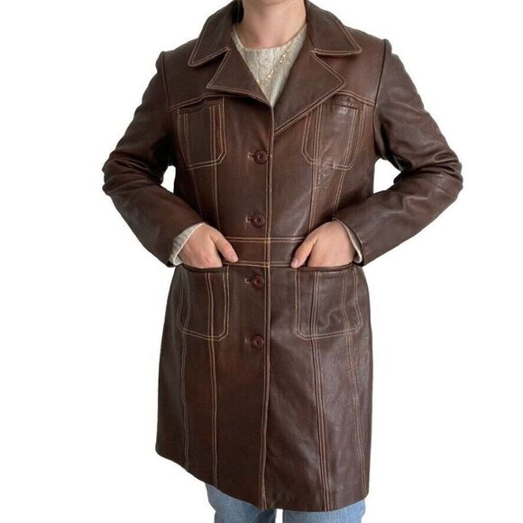 Vintage 90s Womens Wilsons Leather Brown Retro Mid Length Mid Mod Jacket Sz M - Picture 1 of 11